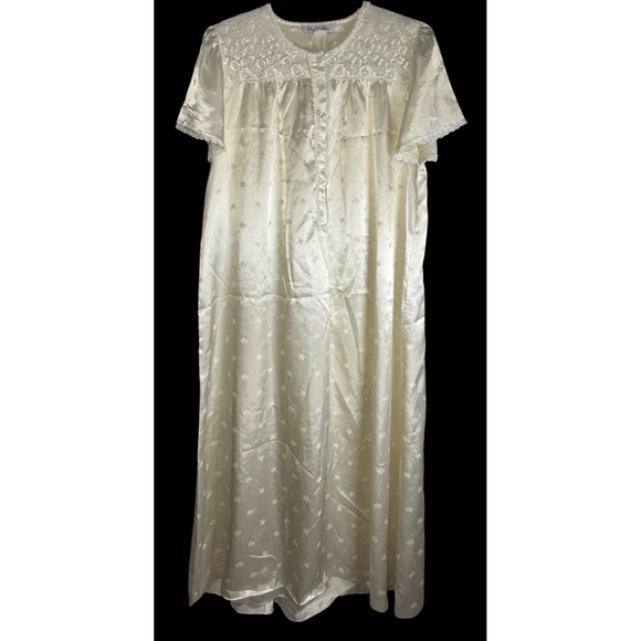 Vtg Christian Dior Satin Maxi Nightgown Cream Floral Embossed Lace Negligee Gown - Picture 1 of 15